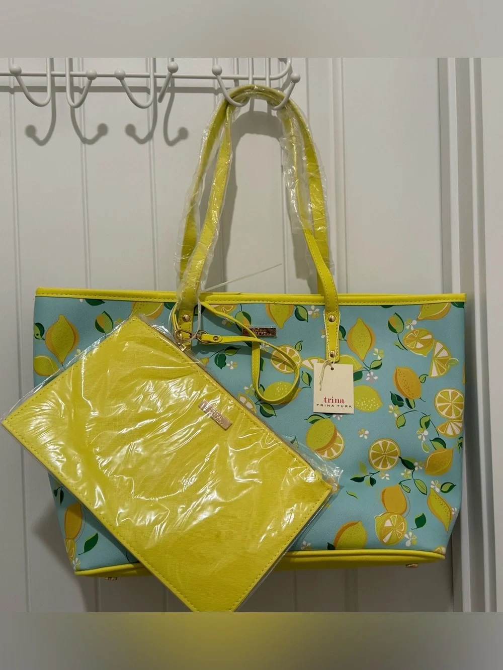 NWT Trina Turk Lemon Print Tote with Yellow Pouch